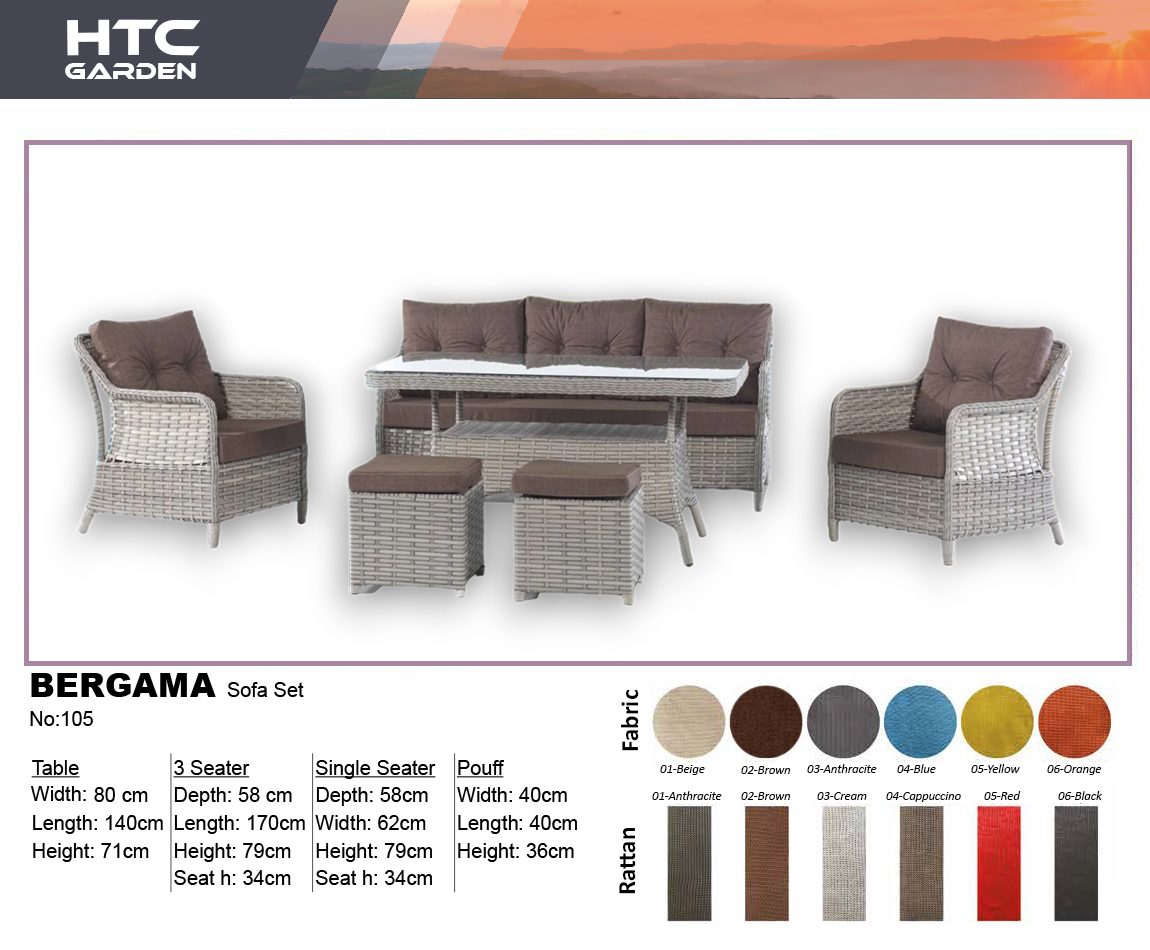 Htc Garden, bergama sofa set, rattan colors spesifications, customization , table, 3 seater, single seater pouff.